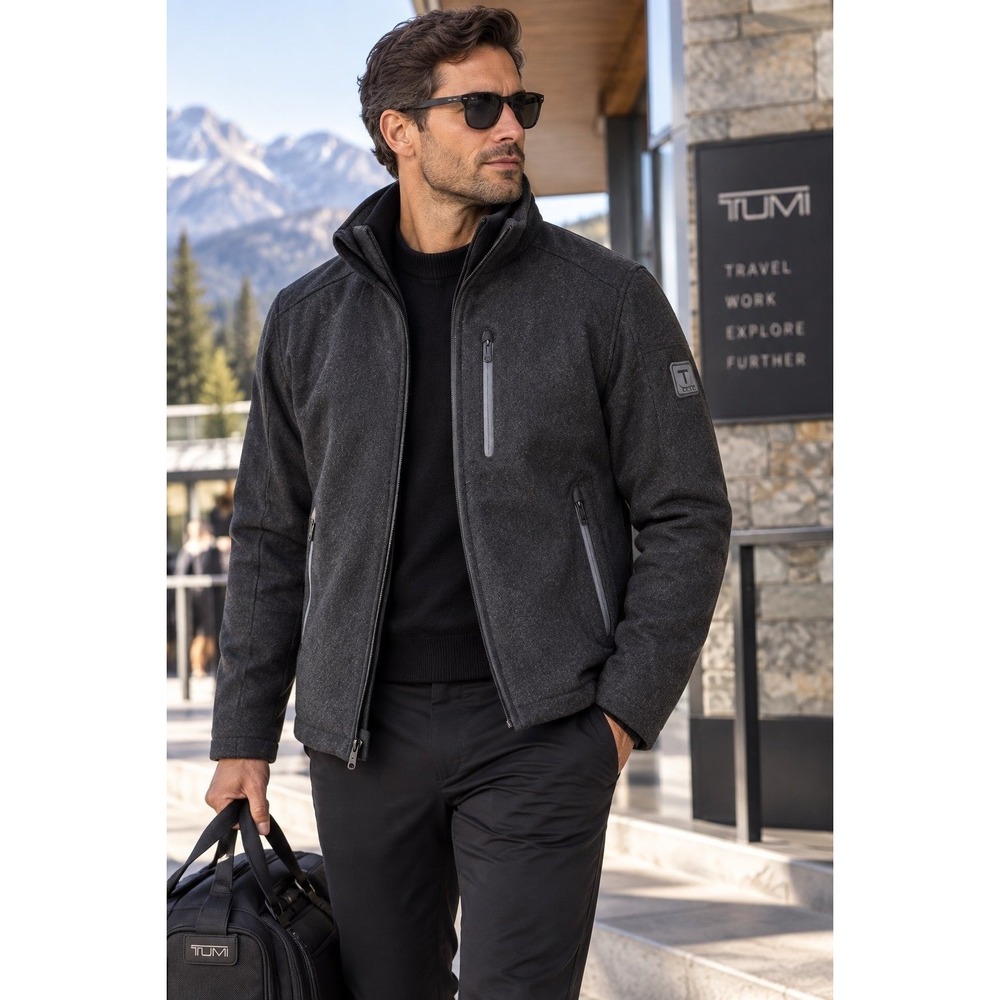 TUMI T-Tech Mens M Charcoal Gray Wool Blend Insulated Travel Jacket Stowaway Hoo